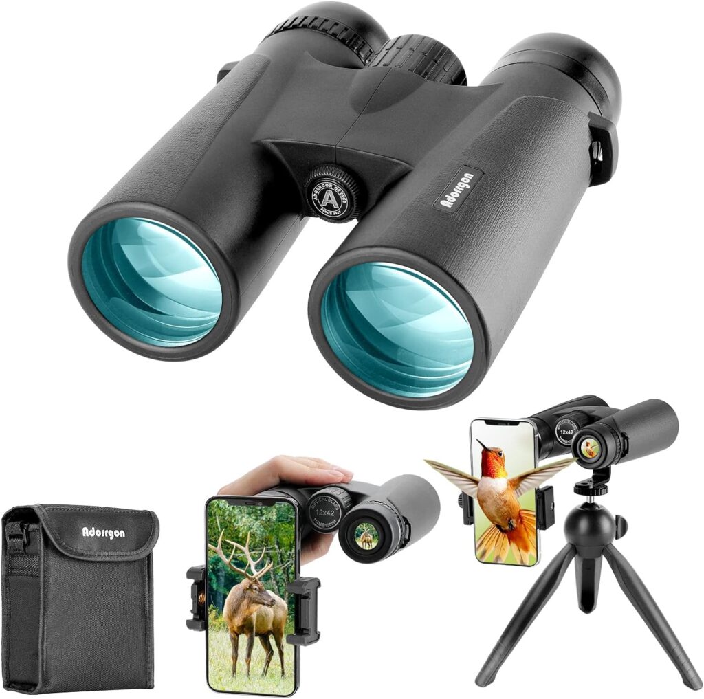 Adorrgon 12x42 HD Binoculars for Adults High Powered with Phone Adapter, Tripod and Tripod Adapter - Large View Binoculars with Clear Low Light Vision - Binoculars for Bird Watching Cruise Travel