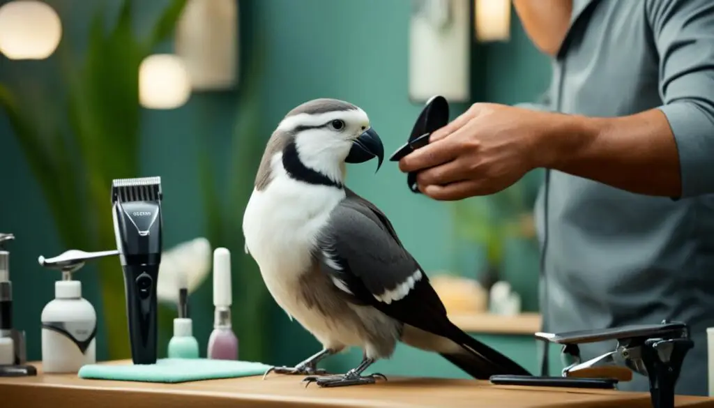 A pet bird receiving proper grooming required for a healthy bird.