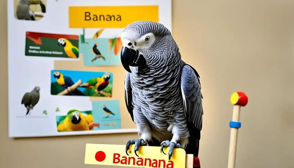 African Grey sitting on a wooden sign that says banana
