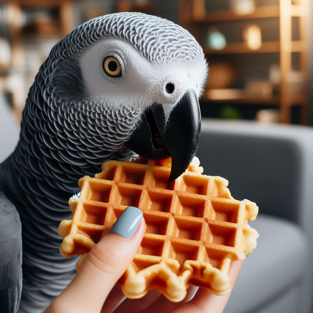 An African Grey eating a waffle