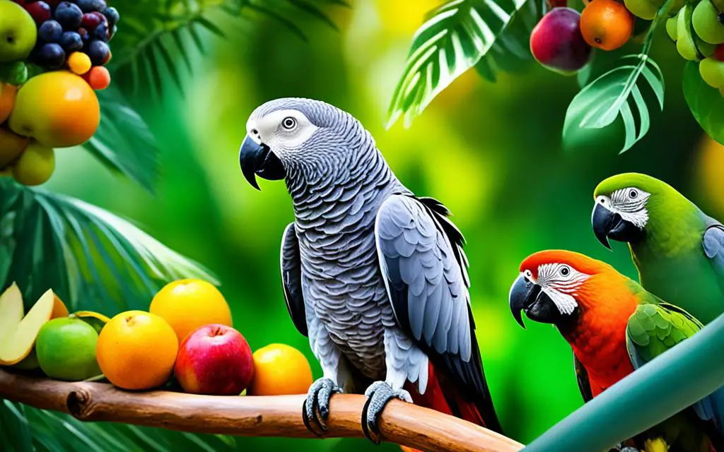 African Grey Parrot enjoying a diverse diet including fruits