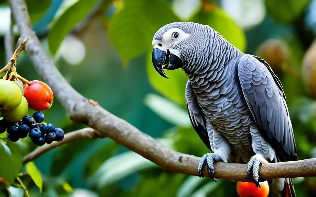 African Grey Parrot enjoying organic fruit