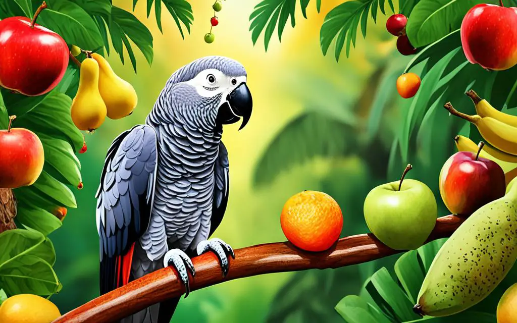 African Grey Parrot exploring a variety of fruits