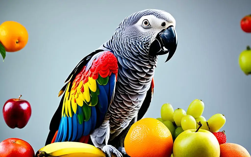 African Grey Parrot with safe and prepared fruits
