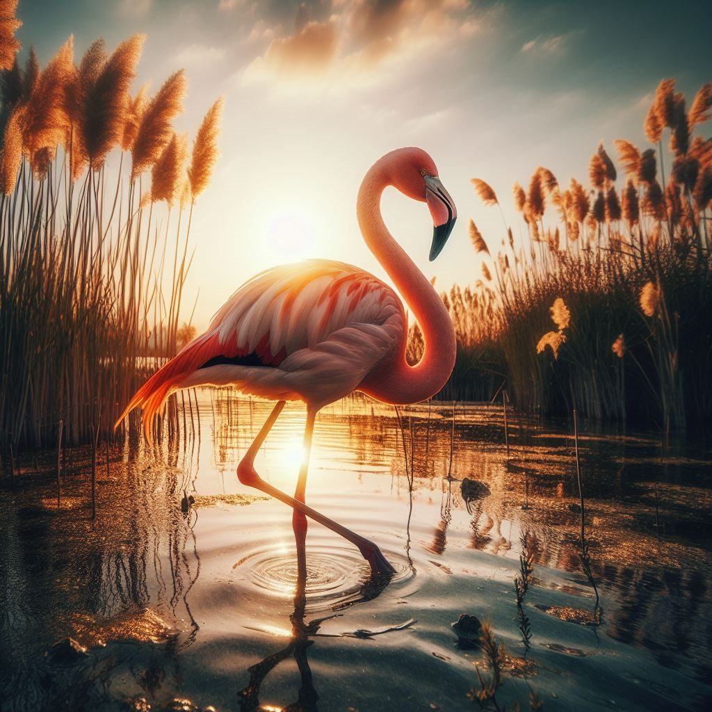 American Flamingo wading in a swamp