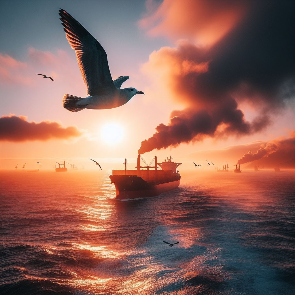 Bird flying over ship in the Atlantic Ocean