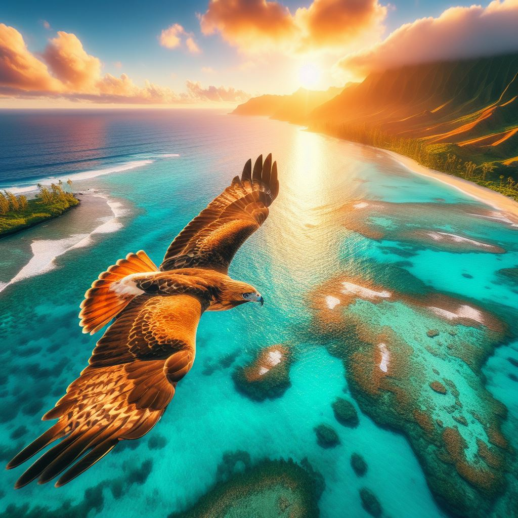 Hawaiian Hawk flying over beautiful crystal clear ocean