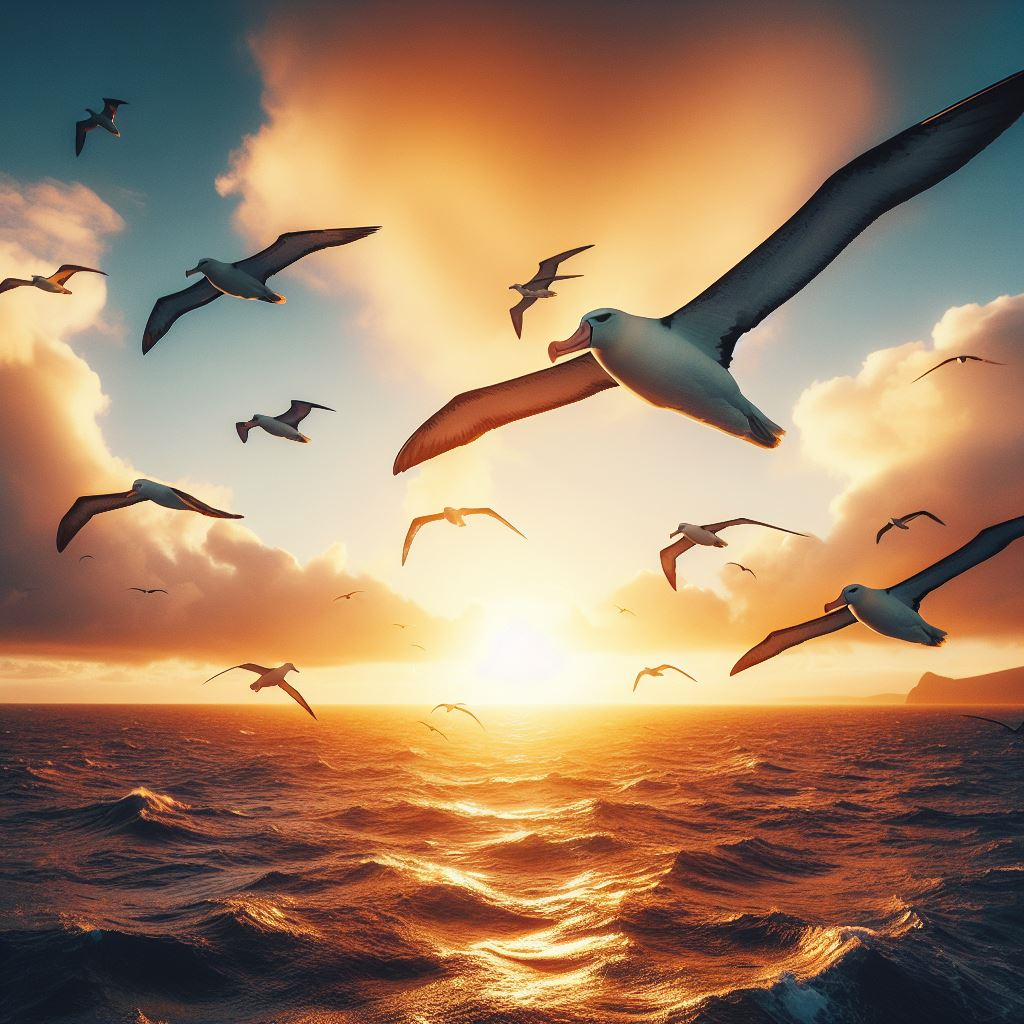 Laysan Albatross flying off Hawaiian coast