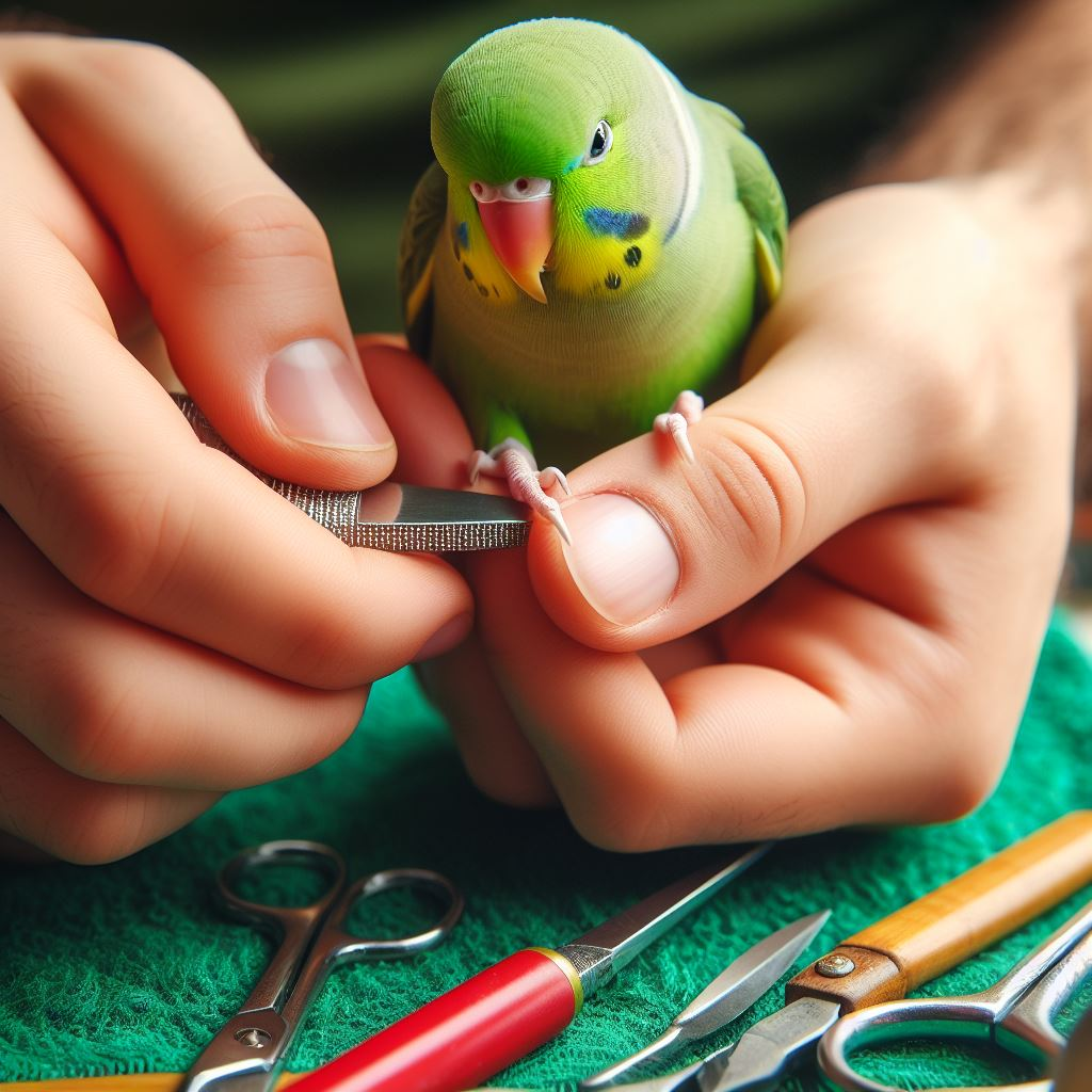 Green and yellow parakeet having nails trimmed