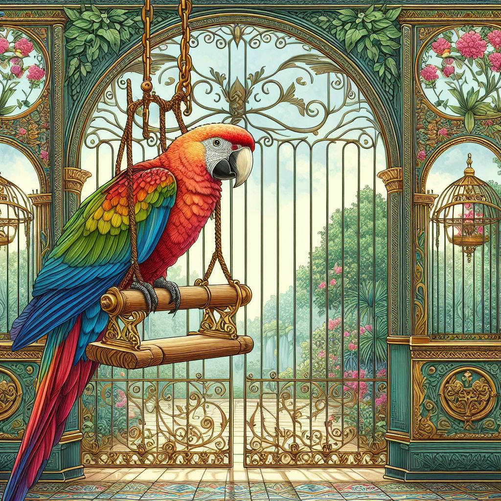 Parrot sitting on perch in large cage