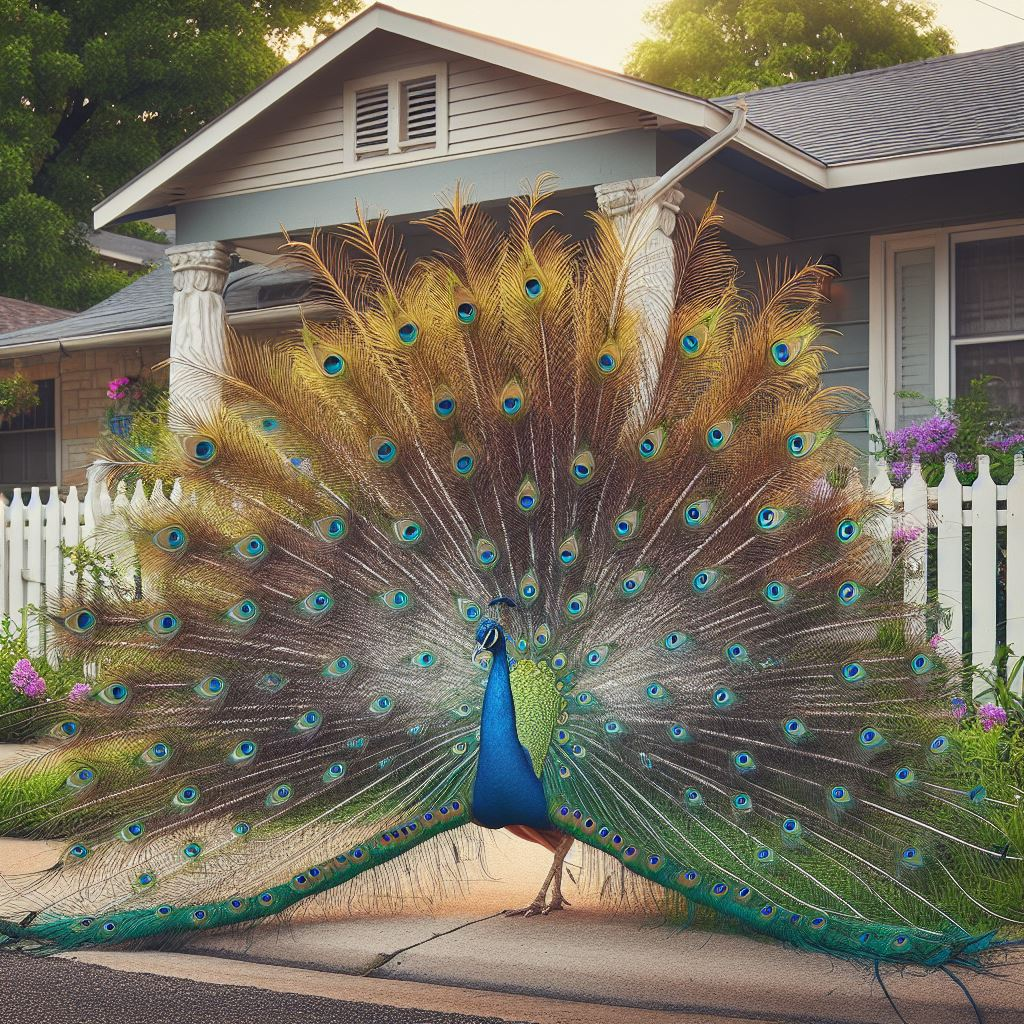 Peacock standing in front yard