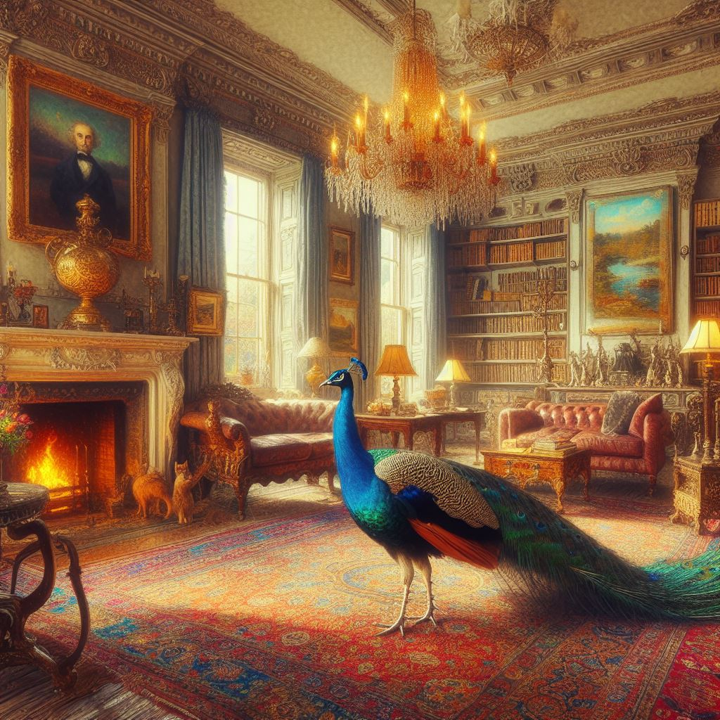 Can people keep a peacock as a pet?
A peacock standing in a lovely livingroom