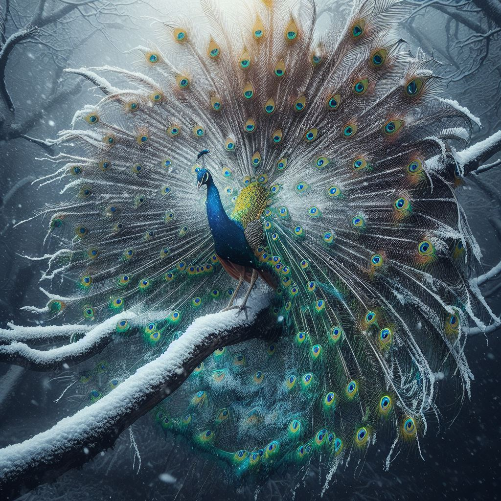 Peacock standing on a snow-covered branch