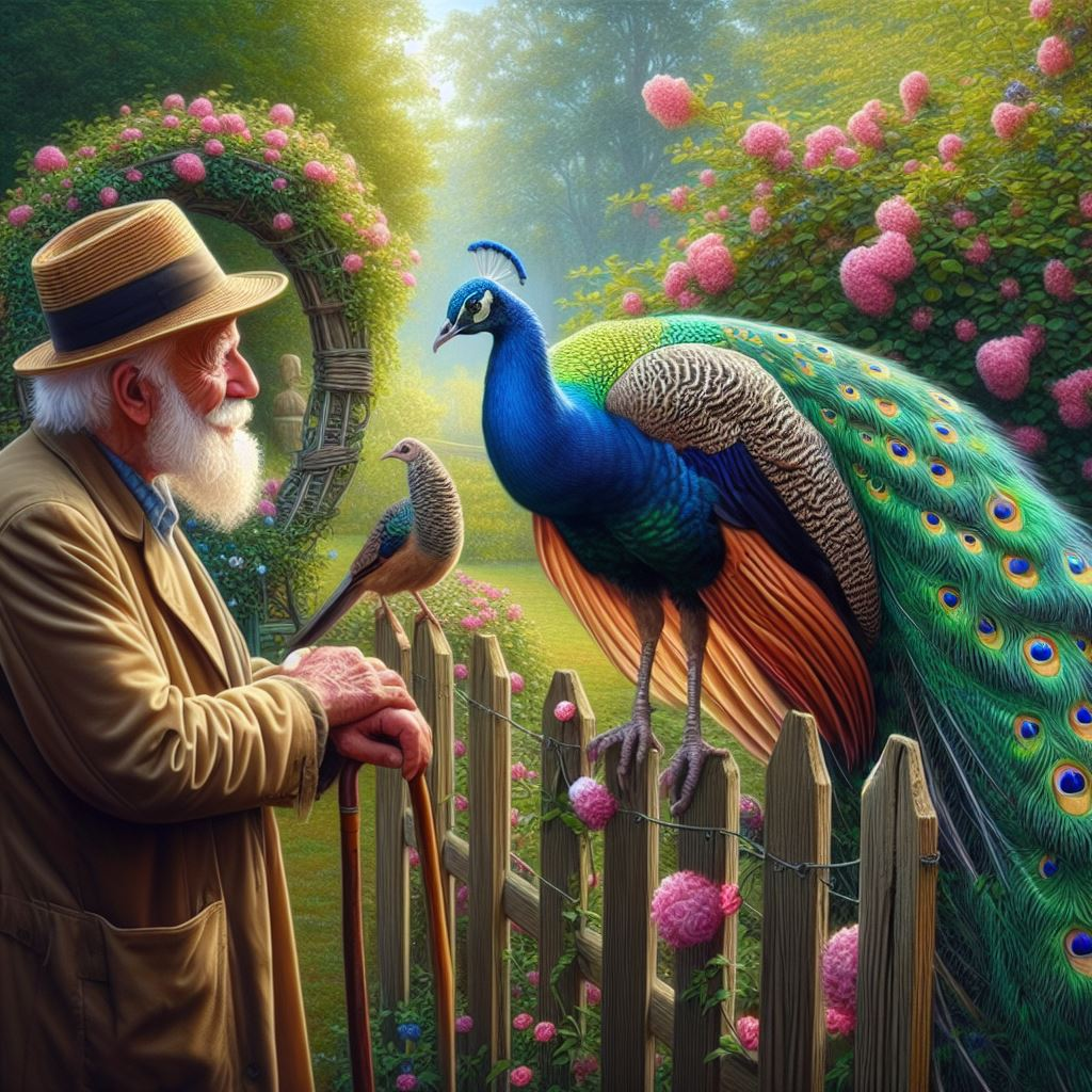 Peacock talking to an old man