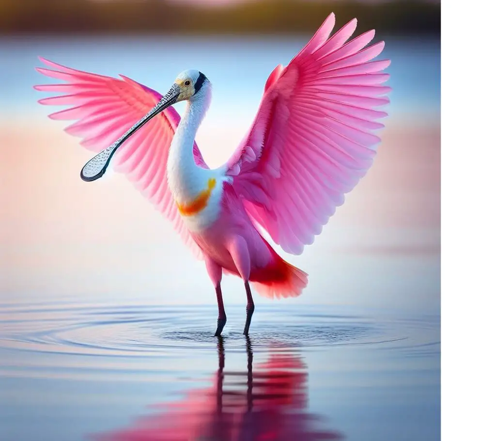 Roseate Spoonbill standing in shallow water