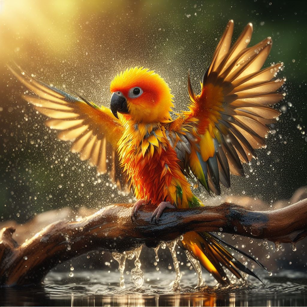 Sun Conure standing on branch while taking a shower