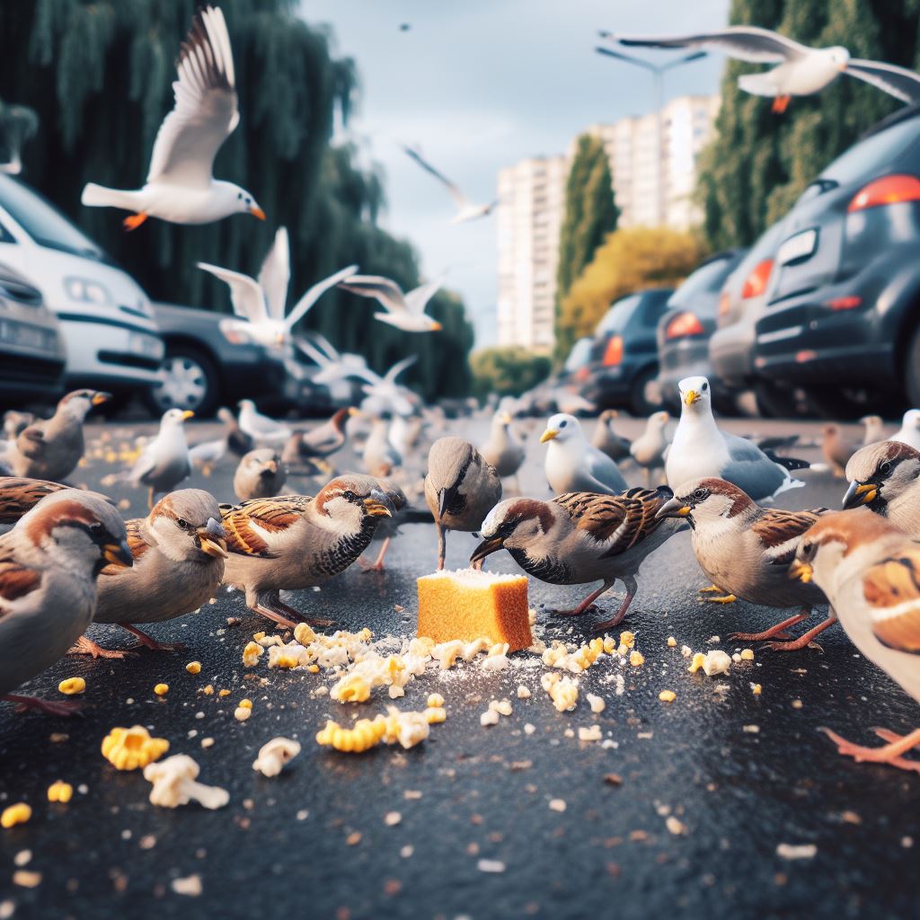 birds eating in parking lot