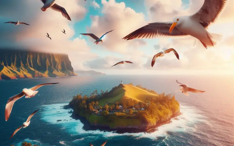 Birds flying over an Hawaiian island