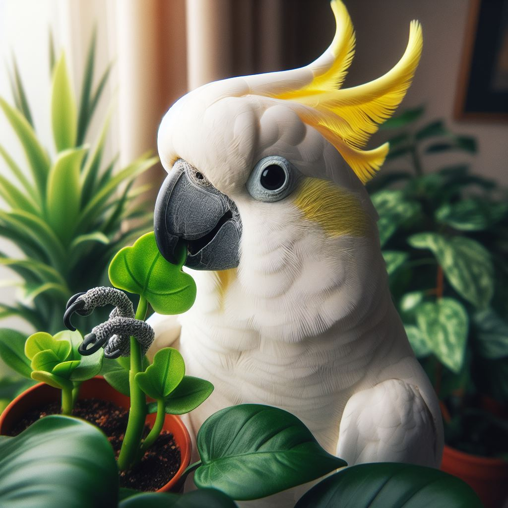 What houseplants are toxic to pet birds?
Cockatoo thinking about chewing plant