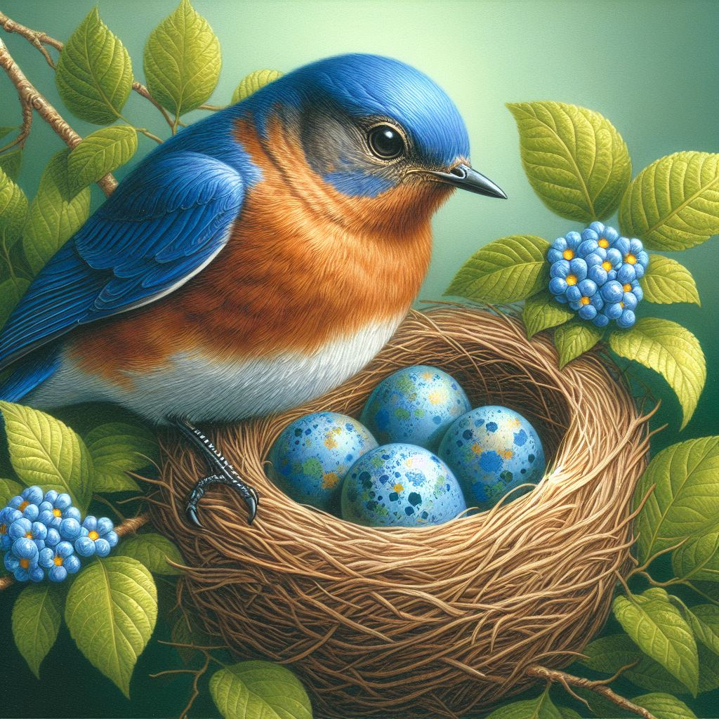 Eastern Bluebird standing over blue eggs