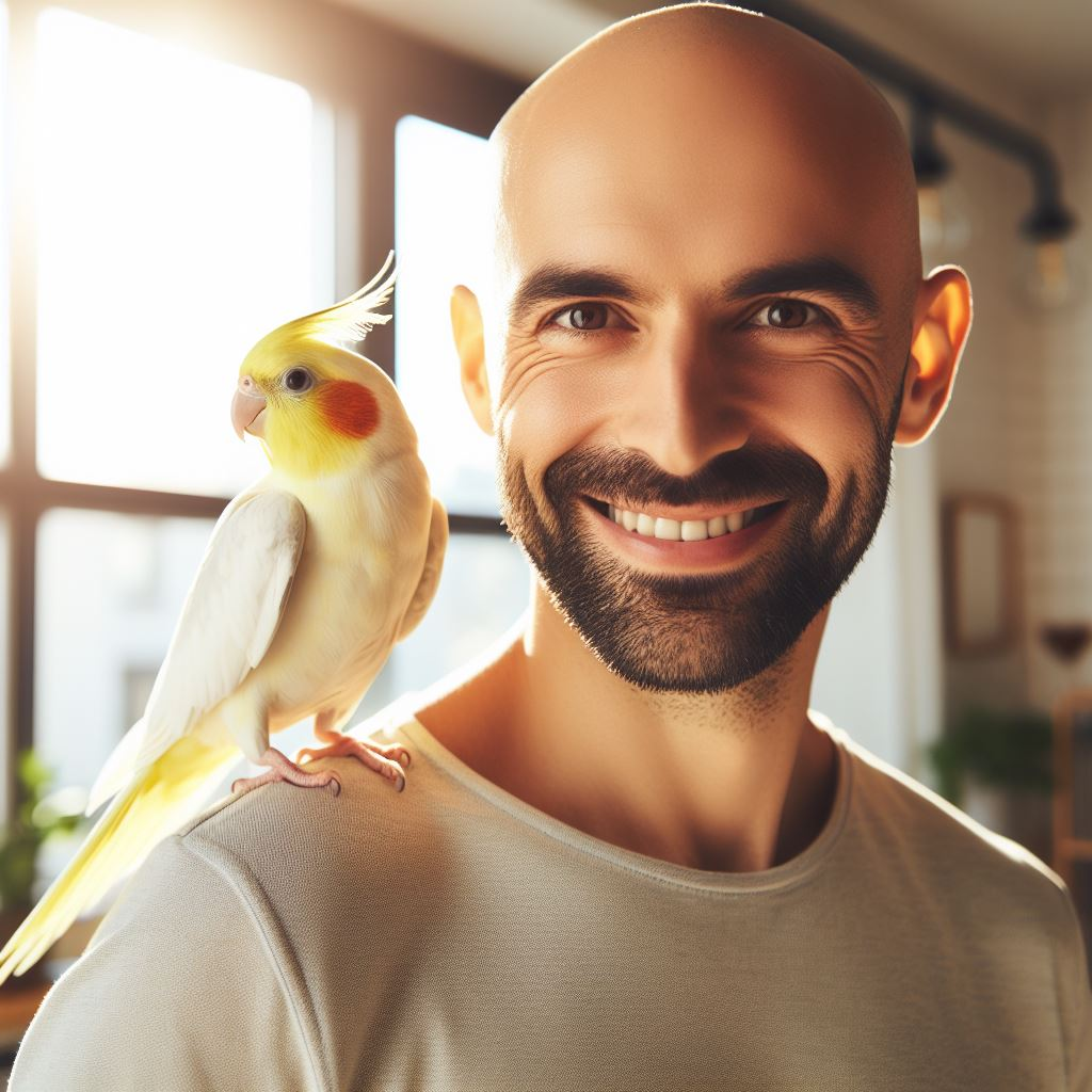 Happy man with cockatiel on his shoulder