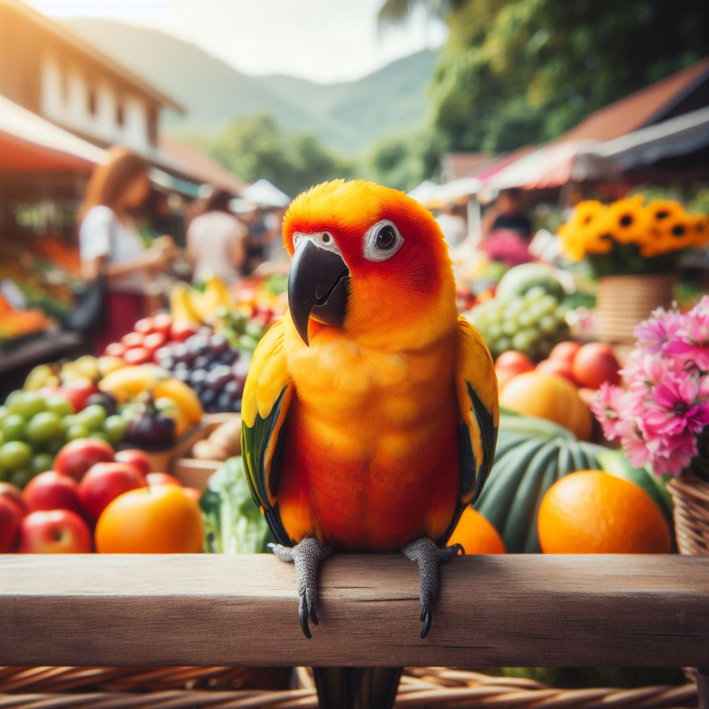 Can my conure eat any type of bird food
Sun conure at a farmer's market