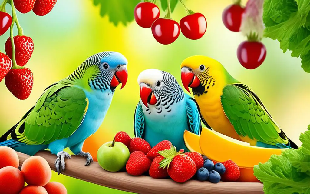 Parakeets enjoying a variety of vegetables and fruits