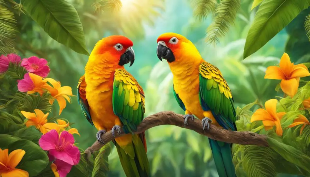 Sun Conure with Yellow Wings and Jenday Conure with Green Wings