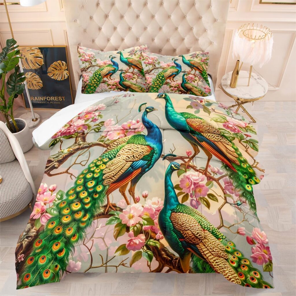 CCoutueChen Peacock Comforter Set Watercolor Bird Floral Bedding Set Queen Size for Elegant Girls Women 3Pcs Soft Lightweight Down Alternative Comforter
