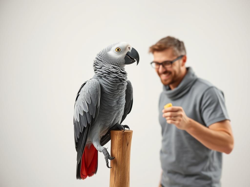 A brightly lit studio, with soft, diffused lighting from overhead. A wooden perch stands in the center, upon which an African Grey parrot sits, its vibrant plumage gleaming. The parrot's head is cocked attentively, its gaze focused on a human trainer standing nearby, holding a reward. The trainer's expression is patient and encouraging, as they guide the parrot through the process of learning its first words. The background is a neutral, seamless backdrop, allowing the parrot and trainer to be the focal point. Crisp, high-resolution details capture the parrot's intelligent eyes and the subtle movements of its beak as it attempts to mimic the trainer's words. A brightly lit studio, with soft, diffused lighting from overhead. A wooden perch stands in the center, upon which an African Grey parrot sits, its vibrant plumage gleaming. The parrot's head is cocked attentively, its gaze focused on a human trainer standing nearby, holding a reward. The trainer's expression is patient and encouraging, as they guide the parrot through the process of learning its first words. The background is a neutral, seamless backdrop, allowing the parrot and trainer to be the focal point. Crisp, high-resolution details capture the parrot's intelligent eyes and the subtle movements of its beak as it attempts to mimic the trainer's words.