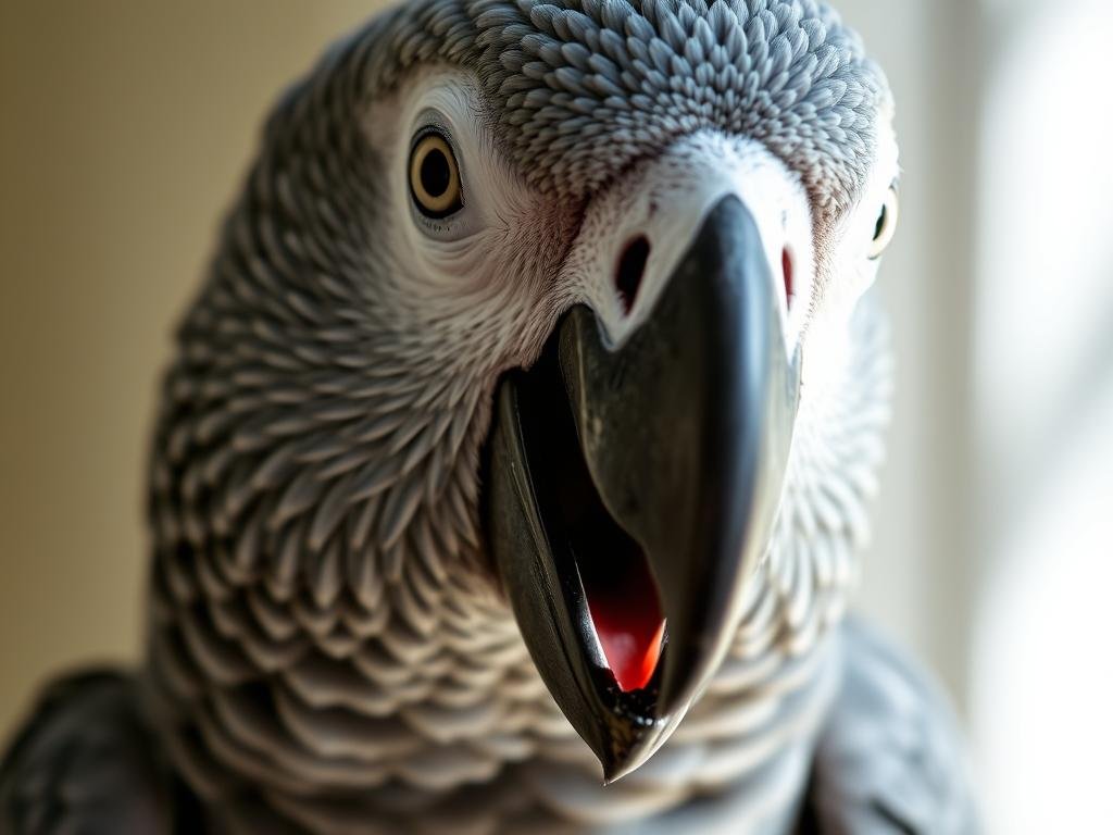 A close-up portrait of an African Grey parrot with its beak slightly open, revealing its expressive vocal abilities. The bird's feathers are meticulously detailed, capturing the intricate patterns and shades of grey that characterize this species. The parrot's eyes are sharp and alert, conveying its intelligence and attentiveness. The lighting is soft and natural, casting gentle shadows that accentuate the contours of the bird's face. The background is blurred, keeping the focus on the parrot's captivating vocal expression. The overall composition and mood evoke a sense of awe and appreciation for the African Grey's exceptional talking prowess. A close-up portrait of an African Grey parrot with its beak slightly open, revealing its expressive vocal abilities. The bird's feathers are meticulously detailed, capturing the intricate patterns and shades of grey that characterize this species. The parrot's eyes are sharp and alert, conveying its intelligence and attentiveness. The lighting is soft and natural, casting gentle shadows that accentuate the contours of the bird's face. The background is blurred, keeping the focus on the parrot's captivating vocal expression. The overall composition and mood evoke a sense of awe and appreciation for the African Grey's exceptional talking prowess.