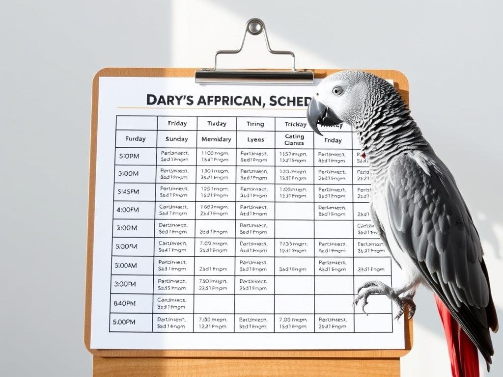 A detailed parrot training schedule in a neatly organized grid, with specific times and activities for an African Grey parrot. The schedule is presented on a wooden clipboard against a clean, minimalist background, with soft, natural lighting illuminating the scene. The parrot is perched on the edge of the clipboard, attentively observing the schedule, creating a sense of engagement and anticipation. The overall mood is one of professionalism, organization, and a dedication to the successful training of this intelligent bird species. A detailed parrot training schedule in a neatly organized grid, with specific times and activities for an African Grey parrot. The schedule is presented on a wooden clipboard against a clean, minimalist background, with soft, natural lighting illuminating the scene. The parrot is perched on the edge of the clipboard, attentively observing the schedule, creating a sense of engagement and anticipation. The overall mood is one of professionalism, organization, and a dedication to the successful training of this intelligent bird species.