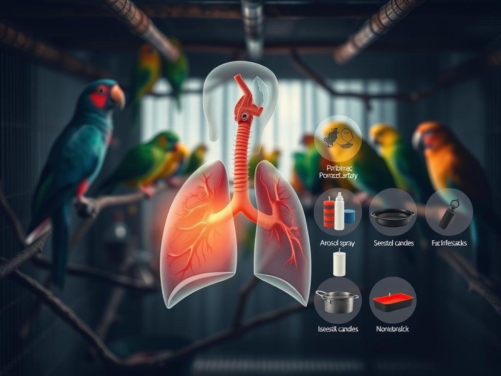 A dimly lit aviary, with a flock of vibrant parrots, cockatoos, and budgies perched on branches. In the foreground, a close-up view of a bird's respiratory system, the lungs and airways revealed in intricate detail, highlighting potential hazards such as airborne pollutants, dust, and infectious agents. The middle ground showcases various common household items that could pose a threat, like aerosol sprays, scented candles, and nonstick cookware. The background blurs into a hazy, atmospheric backdrop, emphasizing the delicate nature of a bird's respiratory health.