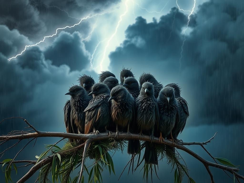 A flock of birds huddled together on a tree branch, their feathers ruffled by the fierce winds and heavy rain of a thunderstorm. In the background, dark clouds loom, occasionally lit by bursts of lightning that cast an eerie glow over the scene. The birds appear wary and alert, their eyes scanning the turbulent skies for any sign of danger. The atmosphere is one of tension and unease, as the birds seek shelter from the powerful forces of nature unfolding around them.