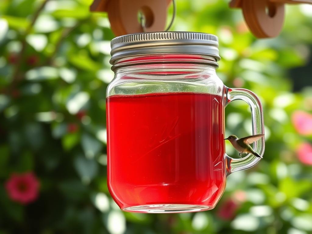 A glass mason jar with a metal screw-on lid, filled with a vibrant red nectar solution. The jar is suspended from a wooden birdhouse-style hanging bracket, its rustic charm complementing the natural setting. Soft, diffused natural lighting bathes the scene, highlighting the delicate curves of the jar and the intricate details of the wooden bracket. In the background, a lush, verdant foliage creates a serene, inviting backdrop, setting the stage for the arrival of the tiny, iridescent hummingbirds drawn to the sweet offering.