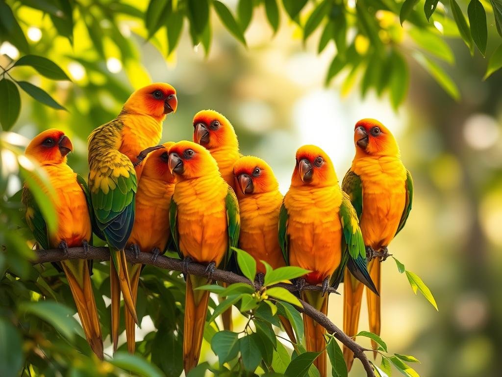 A group of vibrant sun conures perched on a lush, verdant branch, their brilliant orange and yellow plumage glowing under natural sunlight filtering through the foliage. The birds engage in lively social interactions, some preening each other, others chirping and vocalizing cheerfully. The foreground captures the birds' animated movements and dynamic social behavior, while the middle ground showcases the birds' peaceful coexistence within their leafy habitat. The background blends soft, out-of-focus greens and browns, creating a serene, naturalistic setting that complements the conures' captivating presence.