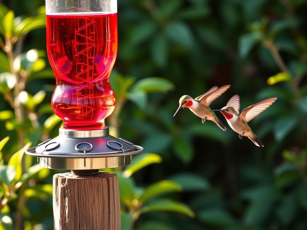A homemade hummingbird feeder filled with vibrant red nectar sits atop a rustic wooden post, surrounded by lush green foliage. The feeder's simple yet elegant design features a clear glass reservoir and intricate metal accents that catch the warm, golden afternoon sunlight. Delicate hummingbirds dart in and out, their iridescent feathers sparkling as they sip the sweet nectar. The scene exudes a sense of tranquility and harmony, inviting the viewer to appreciate the beauty and wonder of these tiny avian wonders in their natural habitat.