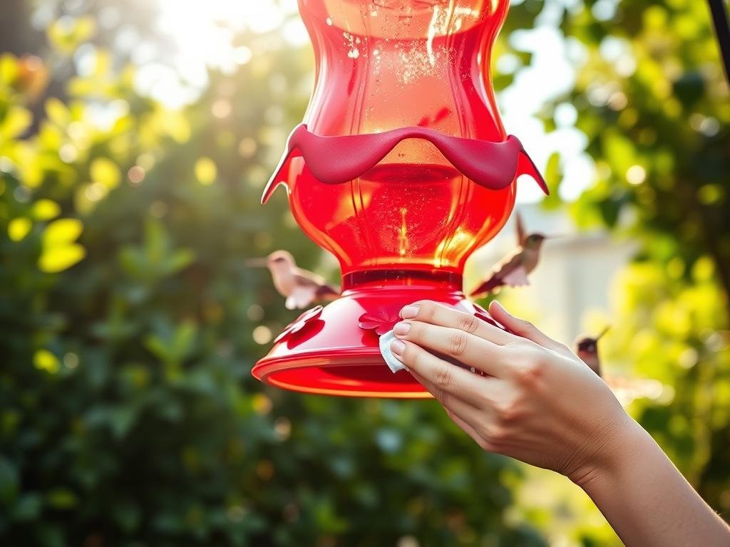 A hummingbird feeder, its vibrant red color shining in the soft, afternoon sunlight. In the foreground, a pair of hands carefully cleaning the feeder, gently scrubbing away any built-up grime or residue. The middle ground reveals the feeder's intricate design, with its multiple feeding ports and decorative accents. In the background, the lush, verdant foliage of a garden frames the scene, hinting at the natural habitat these tiny, iridescent creatures call home. The overall mood is one of tranquility and attentive care, as the feeder is meticulously maintained to provide the best possible nourishment for the hummingbirds.