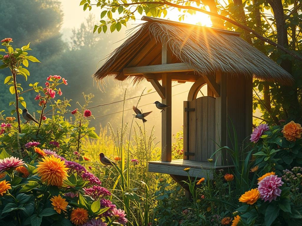 A lush garden with a charming bird shelter nestled amidst the foliage. A quaint, rustic structure with a thatched roof and weathered wooden beams, surrounded by a profusion of blooming flowers and verdant plants. Sunlight filters through the canopy, casting a warm, golden glow over the scene. Birds flutter around the shelter, seeking refuge from the impending storm. The tranquil atmosphere invites contemplation, suggesting a safe haven for our feathered friends during turbulent weather.