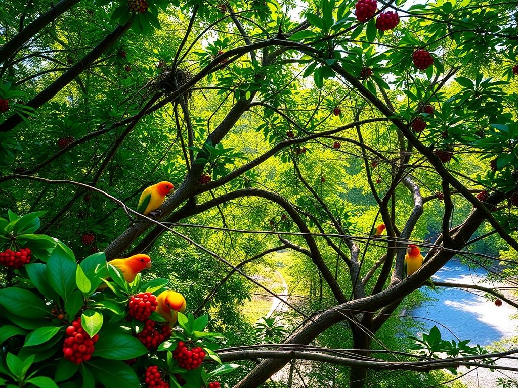 A lush, sun-dappled forest canopy, dappling the ground below with a warm, golden glow. In the foreground, a vibrant green foliage backdrop, dotted with the vibrant orange and yellow plumage of sun conures as they perch and feed on ripe berries. The middle ground reveals a network of sturdy branches, providing the perfect nesting sites for these charismatic parrots. In the distance, a glimpse of a sparkling stream or pond, hinting at the rich, diverse ecosystem these birds call home. The overall scene exudes a sense of tranquility and natural harmony, capturing the essence of the sun conure's preferred habitat.
