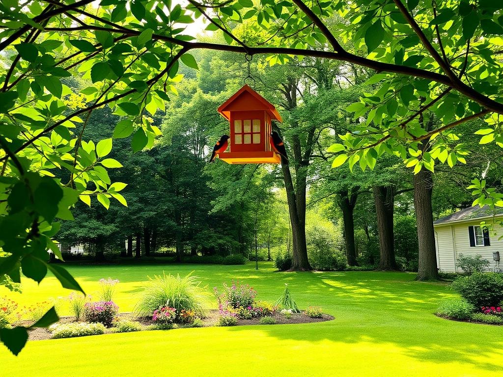 A lush, verdant yard with an ideal placement of an oriole feeder. In the foreground, a sturdy, wooden feeder hangs from a tree branch, its orange and black design a vibrant contrast against the green foliage. The feeder is positioned at eye level, easily accessible to the vibrant orioles that flit among the branches. The middle ground showcases a well-manicured lawn, dotted with colorful flowers that attract a variety of pollinators. In the background, a row of tall, mature trees provide a natural canopy, casting soft, dappled light across the scene. The overall atmosphere is serene and inviting, perfectly suited to entice the beautiful orioles to visit and dine at the strategically placed feeder.