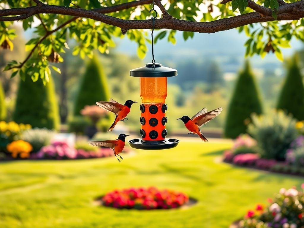 A manicured backyard with a lush, verdant lawn and flourishing flower beds. In the center, a vibrant orange and black oriole feeder hangs from a sturdy tree branch, its unique design attracting the attention of a pair of curious orioles. The birds flutter around the feeder, their graceful movements captured in a soft, natural lighting that bathes the scene in a warm, golden glow. The background features a faint, blurred landscape, allowing the viewer to focus on the delicate interaction between the orioles and their specialized feeder. The overall composition conveys a sense of tranquility and harmony, highlighting the importance of providing the right food and setting to successfully attract these beautiful, sought-after songbirds.
