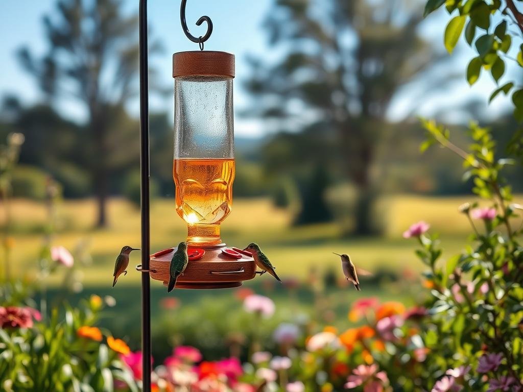 A serene backyard scene with a wooden hummingbird feeder hanging from a metal shepherd's hook amidst lush greenery. The feeder is filled with a vibrant nectar solution, casting a warm glow under soft, diffused natural lighting. In the foreground, delicate hummingbirds gracefully sip from the feeder, their iridescent feathers shimmering. The middle ground features a mix of colorful flowering plants and foliage, creating an inviting habitat. The background depicts a blurred, tranquil landscape with trees and a clear blue sky, conveying a sense of peaceful coexistence between the hummingbirds and their natural environment.