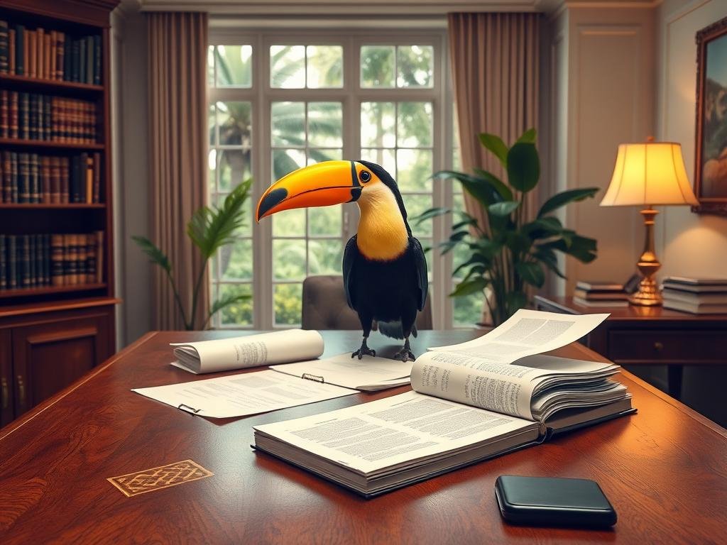 A serene, well-lit office setting with a large, wooden desk in the foreground. On the desk, a toucan perched gracefully, examining legal documents and papers through a pair of gold-rimmed reading glasses. The background features a bookshelf filled with law books, a window overlooking a lush, tropical landscape, and a brass desk lamp casting a warm glow. The overall atmosphere conveys a sense of thoughtful consideration, professionalism, and the intersection of wildlife and ethical decision-making. A serene, well-lit office setting with a large, wooden desk in the foreground. On the desk, a toucan perched gracefully, examining legal documents and papers through a pair of gold-rimmed reading glasses. The background features a bookshelf filled with law books, a window overlooking a lush, tropical landscape, and a brass desk lamp casting a warm glow. The overall atmosphere conveys a sense of thoughtful consideration, professionalism, and the intersection of wildlife and ethical decision-making.