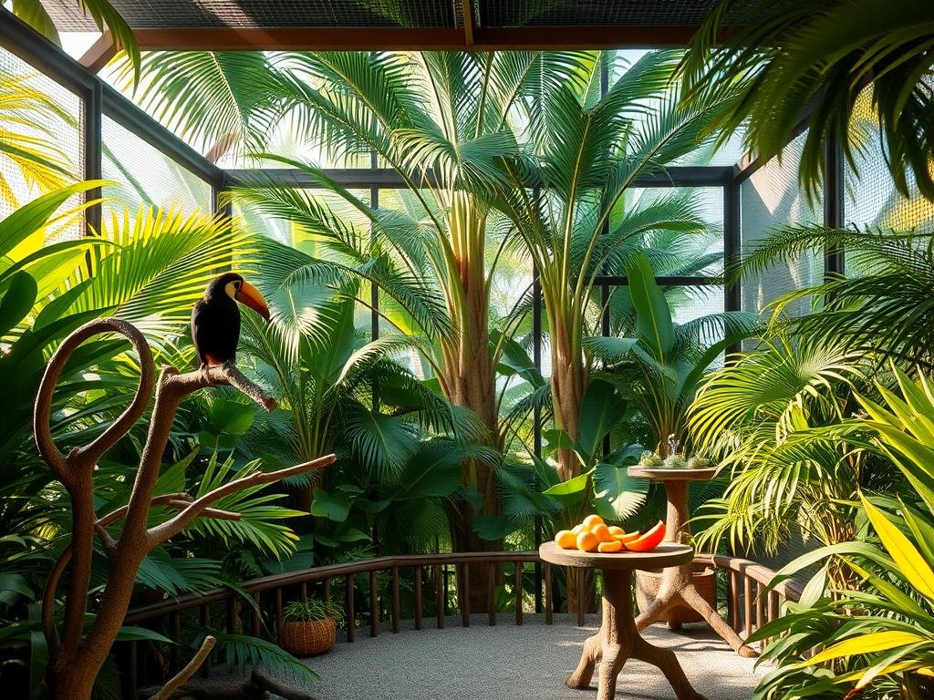 A spacious, well-lit toucan enclosure with lush foliage and natural elements. In the foreground, a large perch with multiple branches for the toucan to hop between. The middle ground showcases a shallow water dish and feeding area stocked with fresh fruit. In the background, a towering canopy of tropical plants creates an immersive, authentic habitat. Diffuse natural lighting streams in, casting a warm, golden glow throughout the scene. The overall atmosphere is calm and peaceful, reflecting the ideal living conditions for a pet toucan. A spacious, well-lit toucan enclosure with lush foliage and natural elements. In the foreground, a large perch with multiple branches for the toucan to hop between. The middle ground showcases a shallow water dish and feeding area stocked with fresh fruit. In the background, a towering canopy of tropical plants creates an immersive, authentic habitat. Diffuse natural lighting streams in, casting a warm, golden glow throughout the scene. The overall atmosphere is calm and peaceful, reflecting the ideal living conditions for a pet toucan.