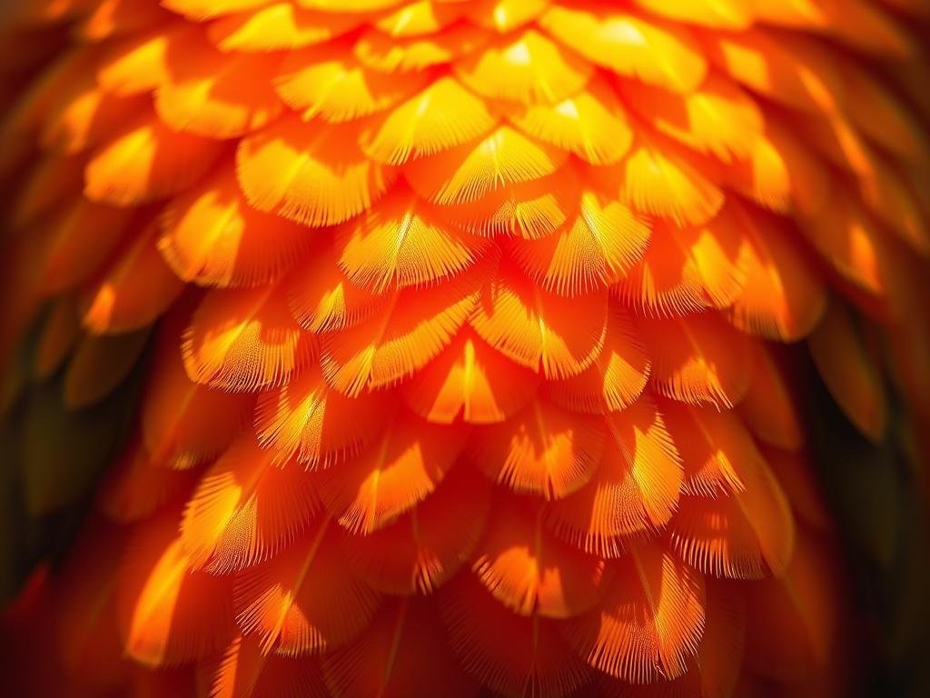 A vibrant close-up of sun conure feathers, illuminated by warm, natural lighting. The feathers are arranged in a radiant, layered pattern, capturing the bird's intricate plumage in stunning detail. The image showcases the bird's transformation from hatchling to adult, with a range of golden, orange, and red hues that shimmer and dance across the frame. The depth of field is shallow, allowing the viewer to focus on the intricate, textured surfaces of the feathers. The overall composition is balanced and visually captivating, inviting the viewer to explore the beauty and wonder of the sun conure's vibrant plumage.