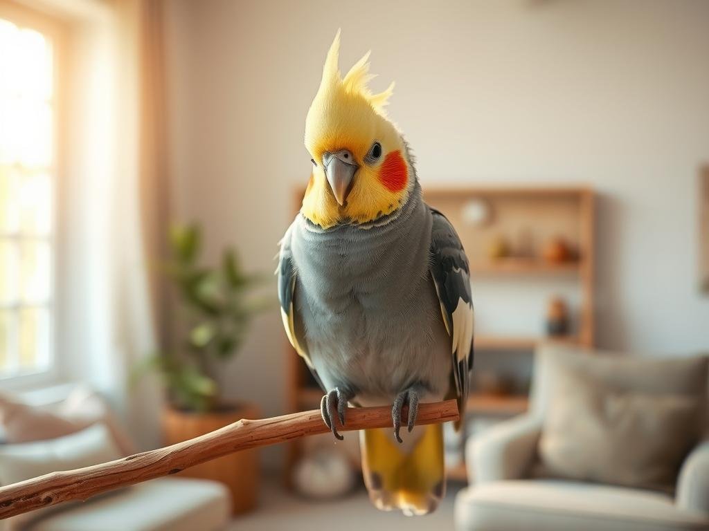 A vibrant cockatiel perched on a natural wooden branch, its soft yellow crest and gray feathers beautifully lit by warm natural light streaming through a large window. In the background, a cozy, minimalist interior with soft textures and earthy tones sets a calming atmosphere. The cockatiel's sharp beak and inquisitive gaze capture its intelligence and curiosity, inviting the viewer to learn more about these delightful avian companions. Crisp focus and shallow depth of field emphasize the subject, while the clean, uncluttered composition highlights the cockatiel's graceful form.
