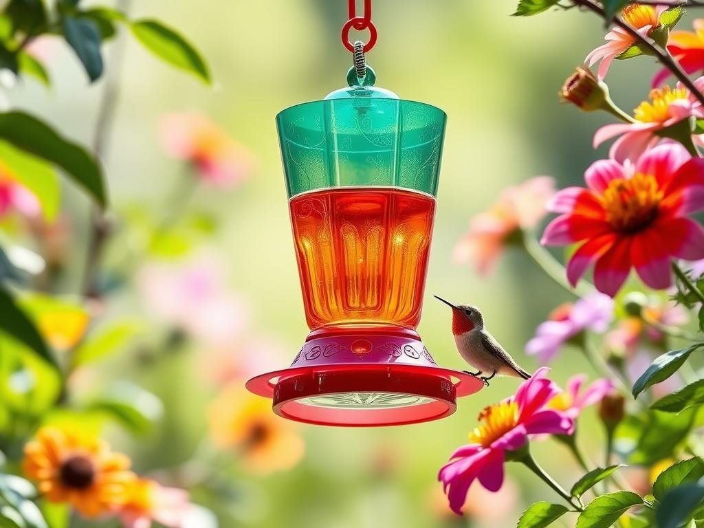 A vibrant hummingbird feeder crafted from a repurposed plastic cup, suspended amidst lush greenery and colorful flowers. The cup's base is adorned with intricate designs, casting playful reflections in the soft, diffused natural lighting. The feeder's perch is meticulously shaped to accommodate the tiny birds, inviting them to sip the sweet nectar within. The overall scene radiates a sense of whimsical charm, perfectly capturing the essence of a DIY project that celebrates the beauty of nature and the ingenuity of handmade creations.