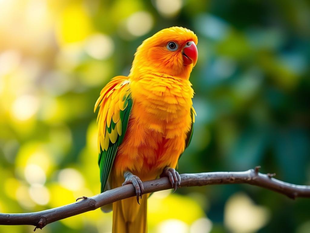 A vibrant sun conure perched confidently on a branch, its brilliant orange and yellow plumage glistening in soft, warm lighting. The bird's intelligent gaze is captured in sharp focus, while the background is rendered in a blurred, natural setting of lush greenery. The composition emphasizes the conure's striking colors and captivating personality, inviting the viewer to appreciate the intricate beauty and charm of this remarkable parrot species.