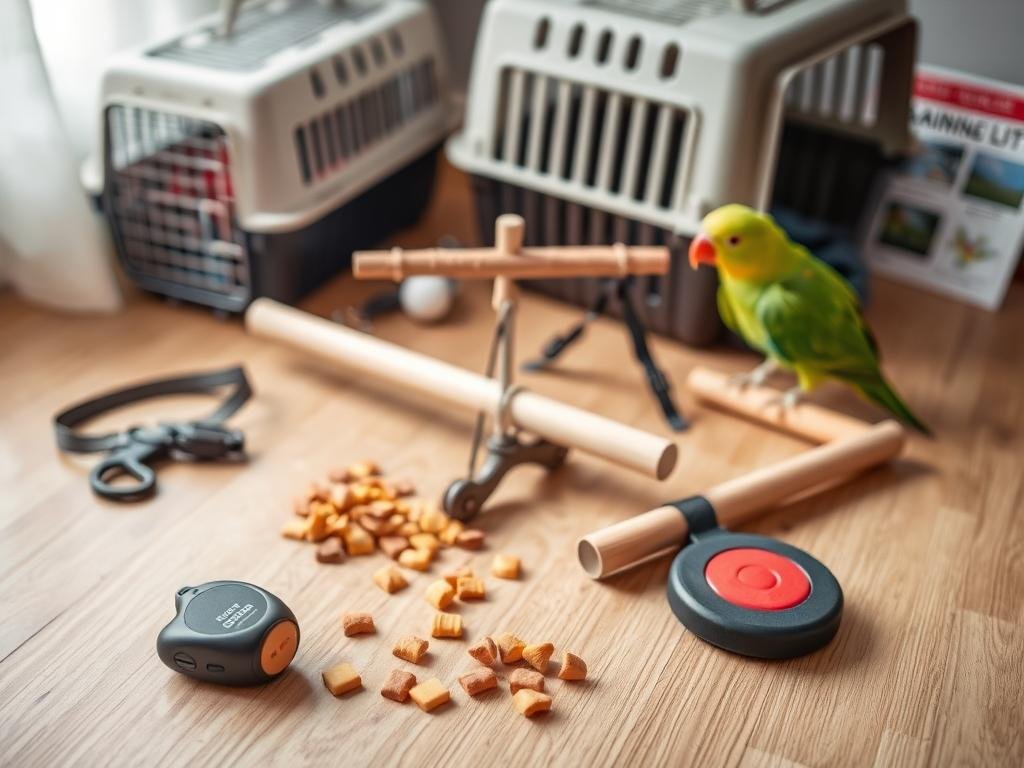 A well-lit, high-angle photograph of an assortment of parrot training tools arranged on a wooden surface. In the foreground, a clicker, treats, and a target stick. In the middle ground, a perch, a harness, and a step-up stick. In the background, a bird carrier and a training manual. The lighting is soft and diffused, creating a warm, professional atmosphere suitable for an educational article. A well-lit, high-angle photograph of an assortment of parrot training tools arranged on a wooden surface. In the foreground, a clicker, treats, and a target stick. In the middle ground, a perch, a harness, and a step-up stick. In the background, a bird carrier and a training manual. The lighting is soft and diffused, creating a warm, professional atmosphere suitable for an educational article.